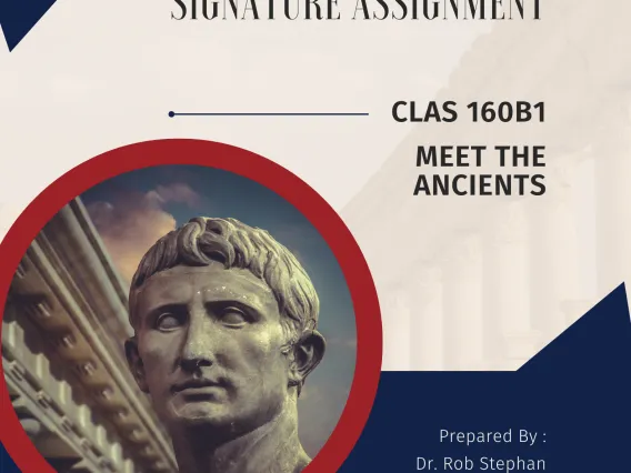 Meet the Ancients signature assignment title page with a photo of an ancient statue